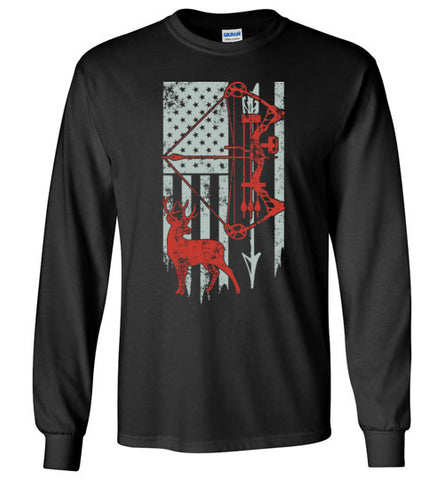 Bow Hunting With American Flag Long Sleeve T-shirt - TS